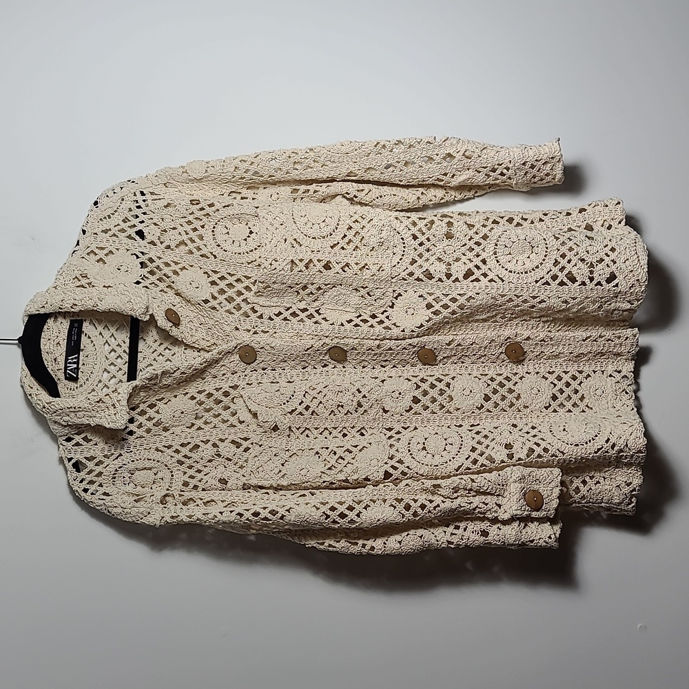 ZARA Open Crochet Cream Button Up Cardigan Shacket Coat Size Large - Picture 4 of 15